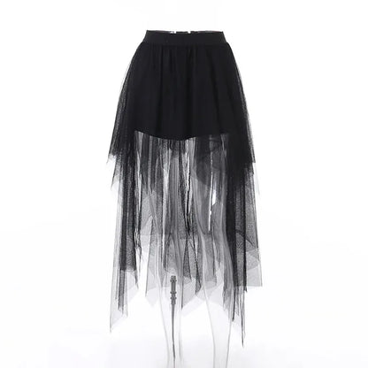 Sexy Net Yarn High-Waisted Irregular Skirt for Women Summer New European and American Gothic Style Versatile Casual Skirts - Smarsty