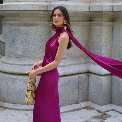 Elegant Women's Ribbon Long Satin Party Dress Halter Backless Sleeveless Female Dresses 2025 Summer Lady Solid Evening Gowns