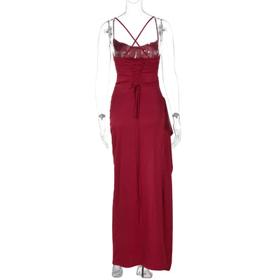 Ladies Summer Satin Fashion Evening Party Dress Women Sleeveless Backless Side Slit Long Dress Birthday Clubwear Woman Clothes - Smarsty