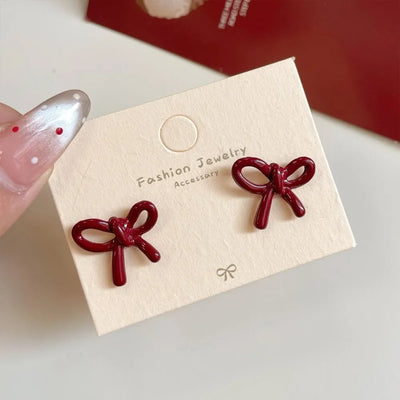 Retro Red Bow Stud Earrings For Women Elegant Lightweight - Smarsty