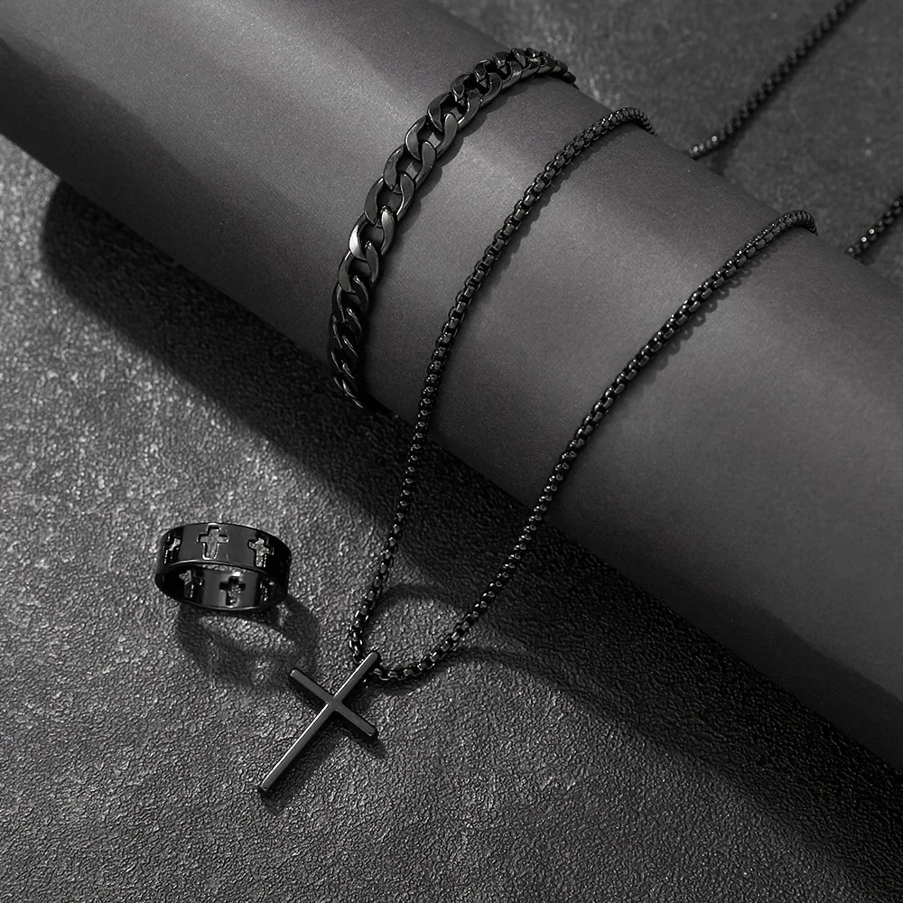 Men's 3 Piece Alloy Jewelry Set with Cross Pendant - Smarsty
