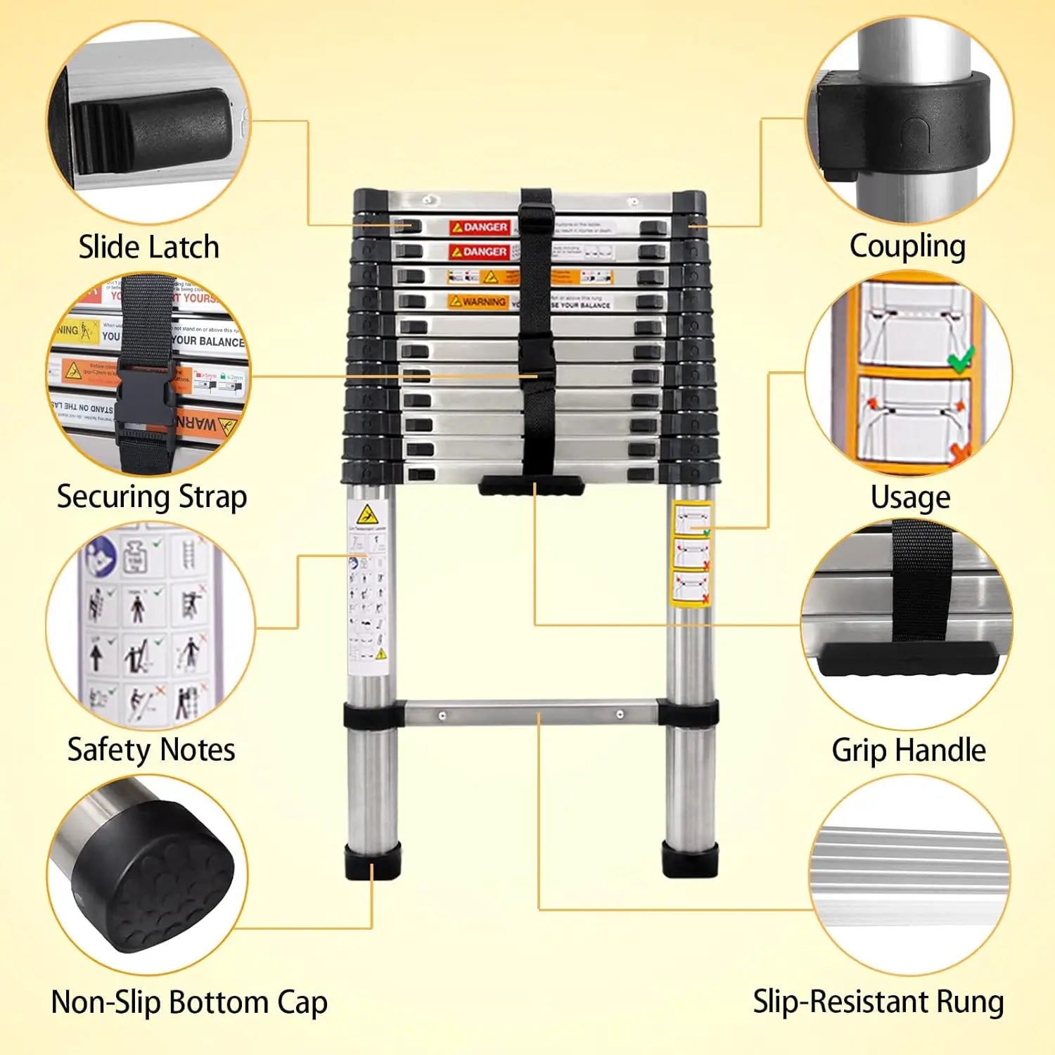 DayPlus Telescoping Ladder Stainless Steel Folding Ladder Portable Extendable Loft Ladder Capacity Max Load 150kg/330lb,EN131