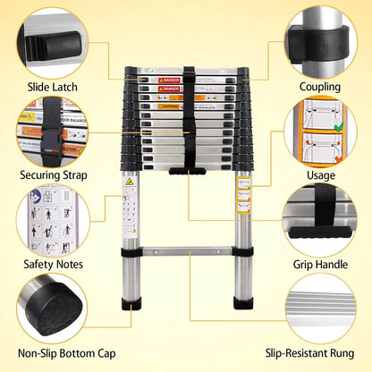 DayPlus Telescoping Ladder Stainless Steel Folding Ladder Portable Extendable Loft Ladder Capacity Max Load 150kg/330lb,EN131