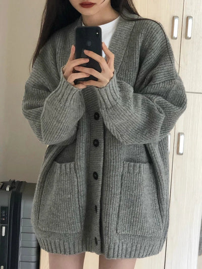 Autumn Winter Women Cardigan Sweater Coats Fashion Female Long Sleeve V-neck Loose Knitted Jackets Casual Sweater Cardigans - Smarsty