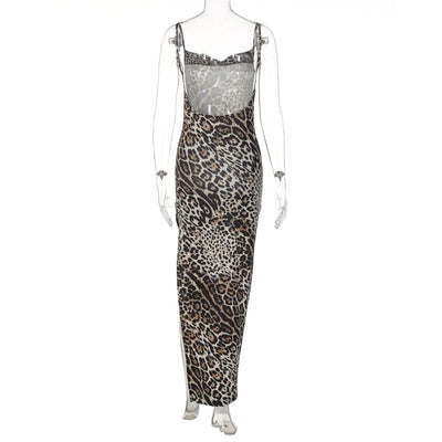 Hugcitar Leopard Print Swing Collar Sleeveless Sexy Maxi Slit Prom Dress Summer Women Fashion Y2K Clothes Party Beach Vacation - Smarsty