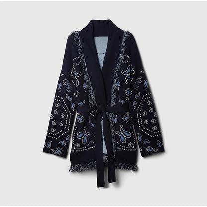 Tassel Patchwork Printed Cardigan Women Geometric Patterns Belts V-neck Long Sleeve Knitted Street Lady Sweater 2025 Autumn Coat - Smarsty