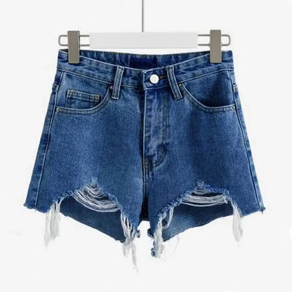 Summer Women's Cowboy Shorts Korean High Waist Casual Denim Shorts Pocket Tassel Perforated Ripped Holes Y2K Girls White Jeans - Smarsty