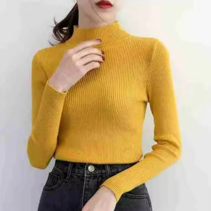 Autumn Winter Mock Neck Women Sweater Vintage Basic Solid Knitted Tops Casual Slim Pullover Korean Sweaters Simple Chic Jumpers - Smarsty