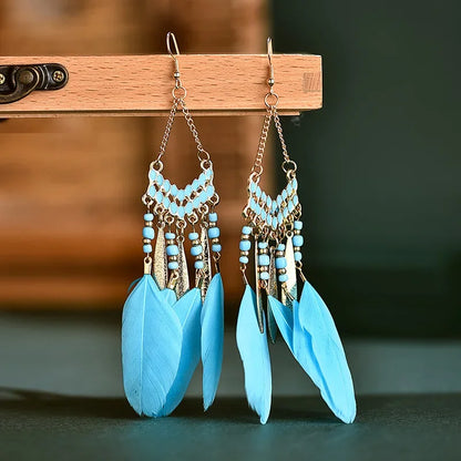 Bohemian Feather Dangle Earrings with Colorful Tassels - Smarsty