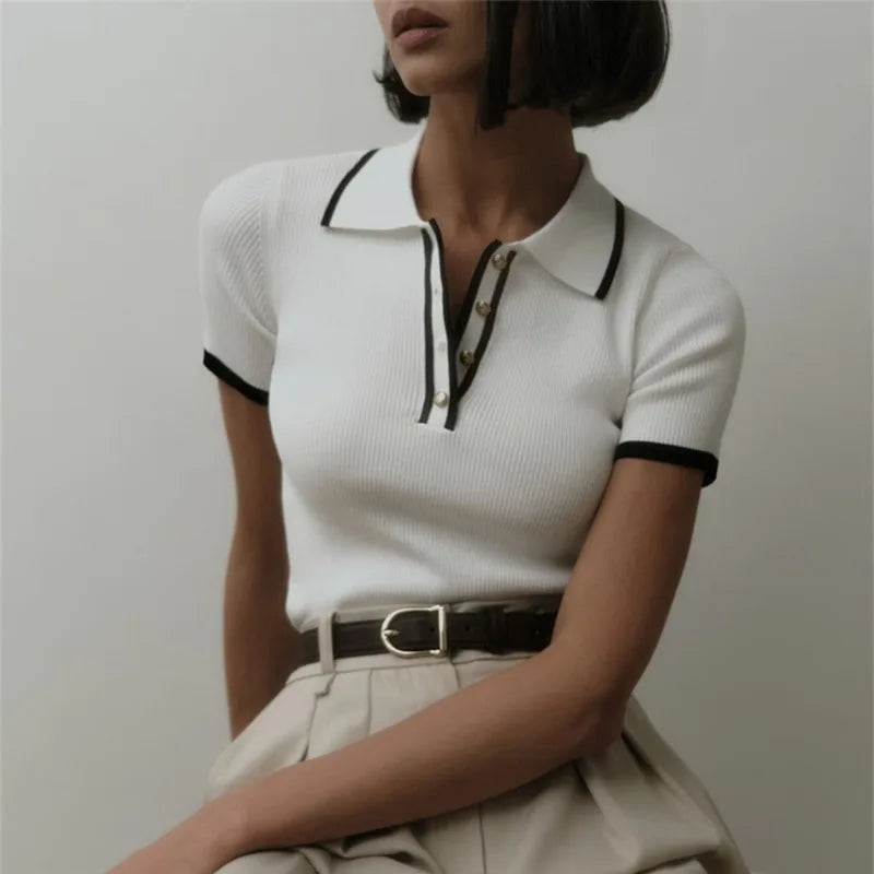 Talenza Women's Knitted Pullover Fashion Short Sleeve Patchwork Sweater Top Elegant Slim Contrast Lapel Knitted Pullover Top - Smarsty