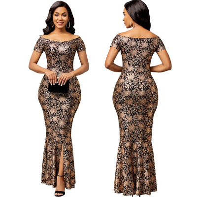 Women Dress Elegant Flower Party Dress Off the Shoulder Short Sleeve Slit Maxi Long Dresses for Woman - Smarsty