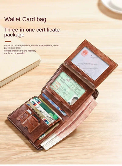 Men Wallet Genuine Leather Rfid Blocking Trifold Wallet Vintage Thin Short Multi Function ID Credit Card Holder Male Purse Money - Smarsty