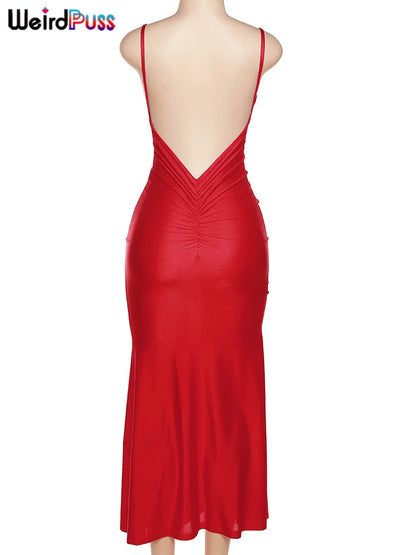 Weird Puss Sexy Backless Women Evening Maxi Dress Folds V-Neck Sleeveless Coquette Elegant Mermaid Matching Banquet Prom Bodycon