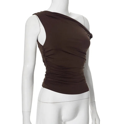 Simple Basic Casual Summer Tank Top Sleeveless Solid Color Off Shoulder Side Ruched Crop Tops Vestidos Spring Women T S - Smarsty