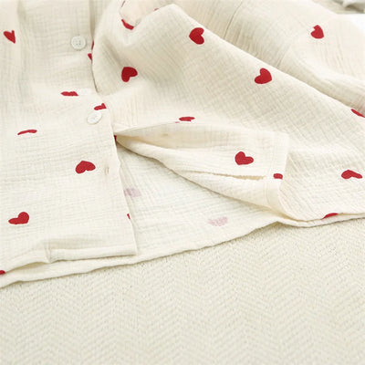 Summer New Love Heart Print Pyjama 100% Cotton Long Sleeve Set 2Pcs Outfit Lapel Sleepwear Button Down Women's Pajamas Nightwear - Smarsty