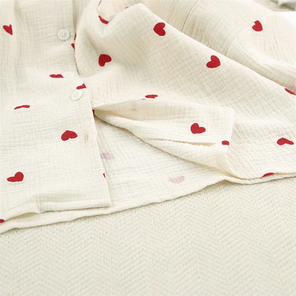 Summer New Love Heart Print Pyjama 100% Cotton Long Sleeve Set 2Pcs Outfit Lapel Sleepwear Button Down Women's Pajamas Nightwear - Smarsty
