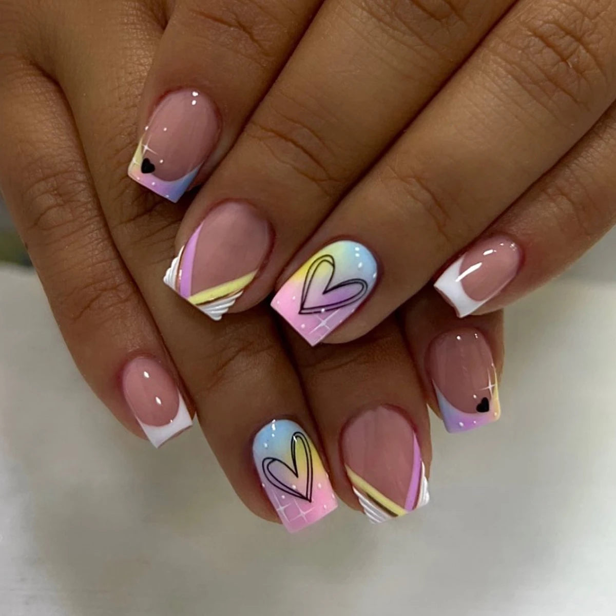 24 Piece Short Square Fake Nails with Colorful French Design - Smarsty