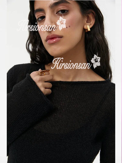 Hirsionsan Spring Autumn O-Neck Elastic Knit Long Dresses Women 2024 Elegant Chic Soft Lady Hollowing Sweater Dresses Femme New - Smarsty
