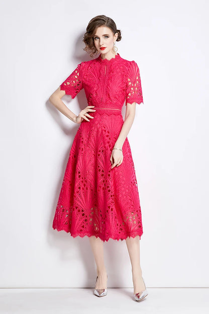 H Han Queen Spring New Elegant Casual Work Party Dresses Floral Crochet Hollow Out Lace Patchwork Casual Office Midi Dress - Smarsty