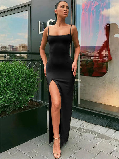 Women Summer Sexy Bodycon Dress Lady Sexy Spaghetti Strap Sleeve Split Solid Color Sheath Dress Vestidos - Smarsty