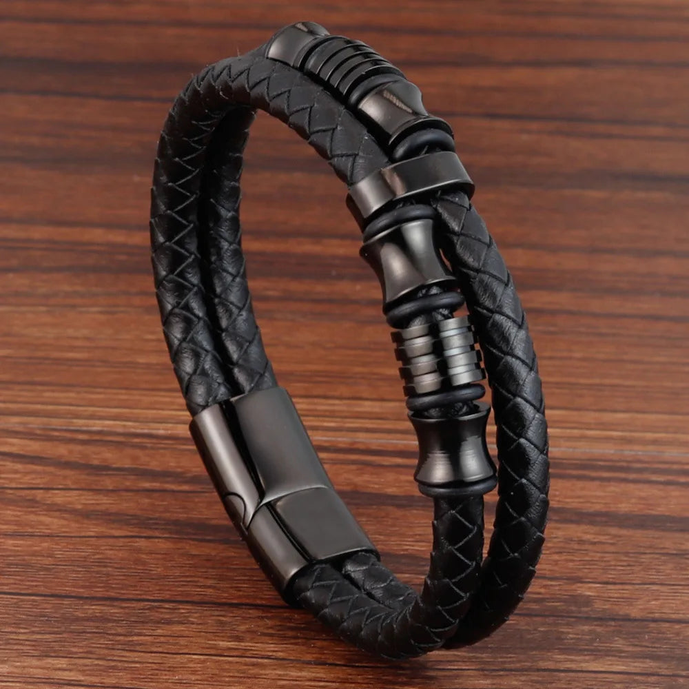 Men's Leather Charm Bracelet Stainless Steel Magnetic Clasp - Smarsty
