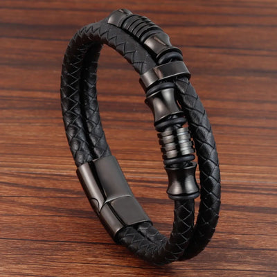 Men's Leather Charm Bracelet Stainless Steel Magnetic Clasp - Smarsty