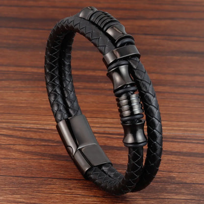 Men's Leather Charm Bracelet Stainless Steel Magnetic Clasp - Smarsty
