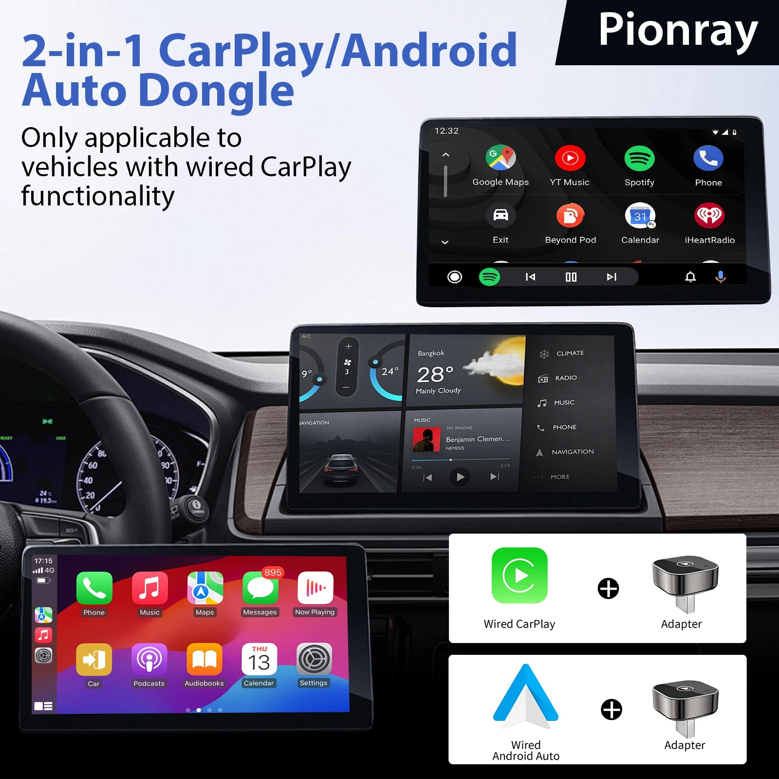 New Pionray 2 in 1 Wireless CarPlay Adapter&Android Auto Wireless Adapter, 5Ghz WiFi Type-C/USB Plug Play CarPlay Wireless