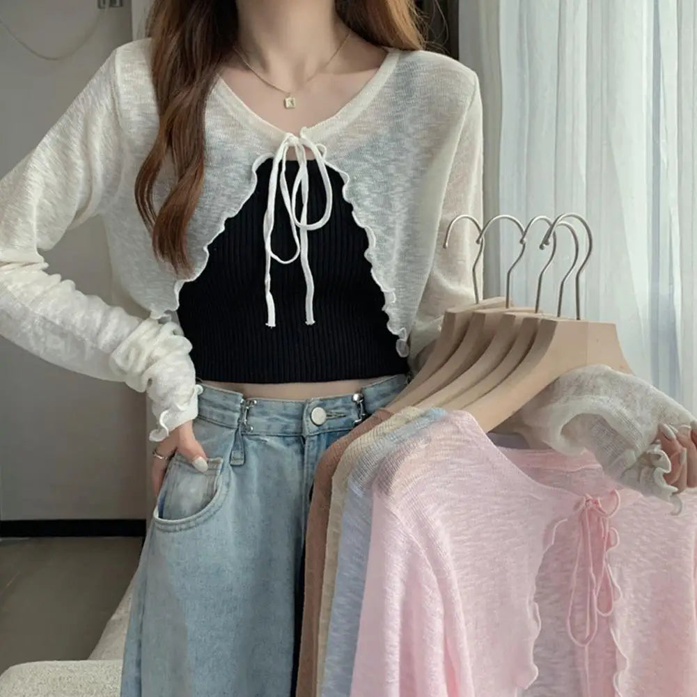 Summer Women Thin Sunscreen Cardigan Lace-up Knitwear Tops Female Korean Style Lantern Sleeve Short Coat Casual Sun Protected - Smarsty