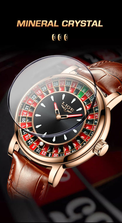 LIGE Waterproof Brown Leather Men's Roulette Watch - Smarsty