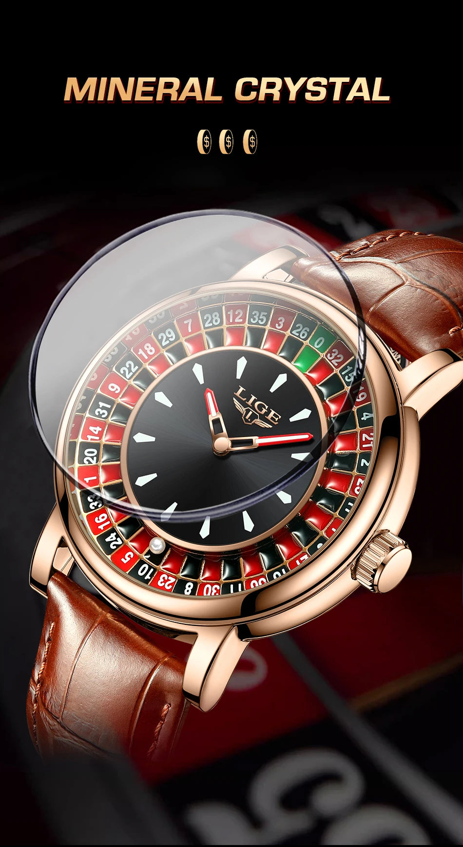 LIGE Waterproof Brown Leather Men's Roulette Watch - Smarsty