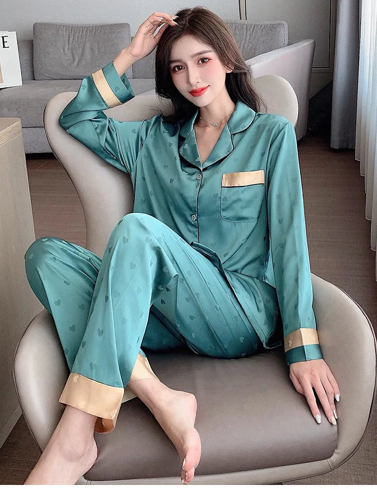 Top Autumn New Ice Silk Women Pajama Lapel Button Cardigan Outfits for Women 2 Piece Set Fashion Printing Set Clothes for Women - Smarsty
