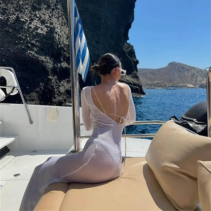White Backless See-through Long Dress Women's Summer Slim High Waist Spliced Long Sleeve Solid Color Beach Long Dress - Smarsty