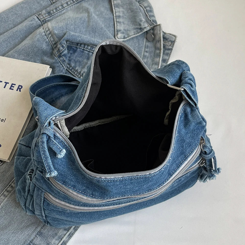 Vintage Denim Shoulder Bag Large Capacity Satchel For Women - Smarsty