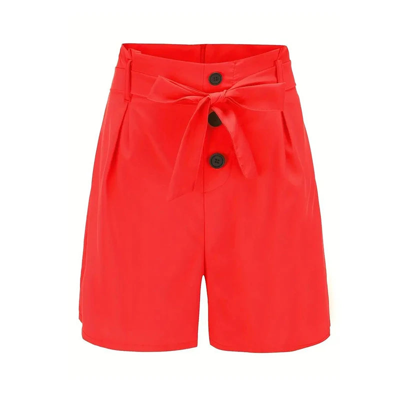 Y2K Solid Button Front Shorts Tie Waist Beach Summer High Waist Shorts Women's Clothing - Smarsty