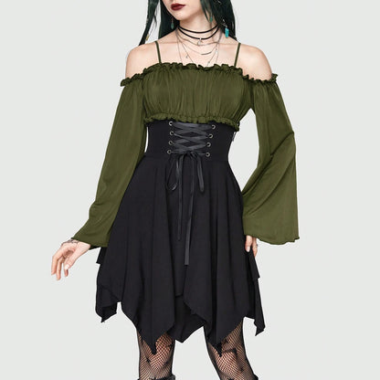 Mia Muse Women's Dresses Autumn Halloween Contrast Color Asymmetrical Hem Flounce Trim Lace Up Long Sleeve Off Shoulder Mini Dre - Smarsty