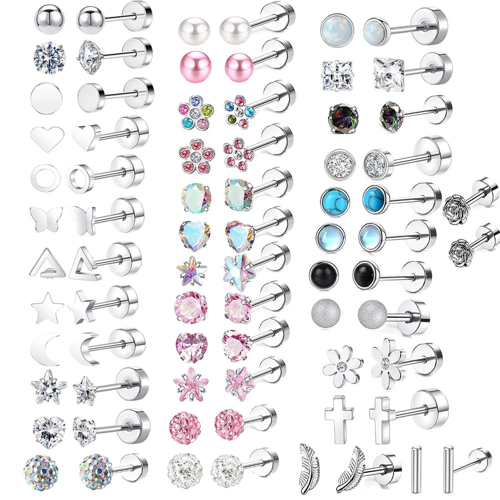 Stainless Steel Heart Moon Ear Studs Screw Back Cartilage - Smarsty
