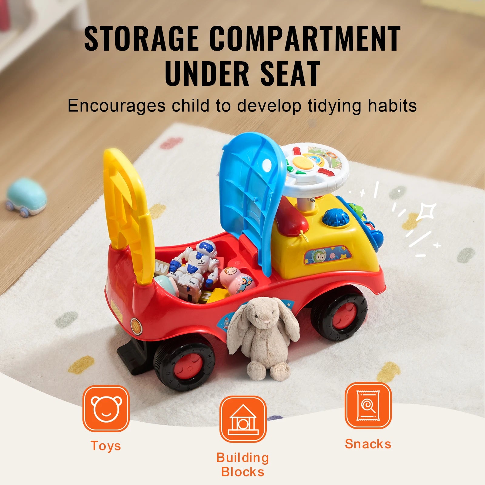 SucceBuy Toddler Ride On Push Car Sit to Stand Kids Ride On Toy Car with Music Steering Wheel Seat Storage for Toddlers - Smarsty