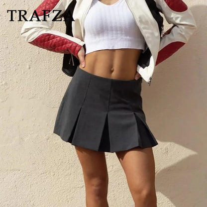 TRAFZA 2025 Spring Summer Women Casual Tierred Mini Skirts Fashion Vintage Solid High Wasit Ruffles Pleated Sexy Shorts Skirts - Smarsty