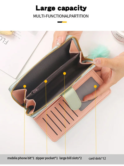 Women Long Wallet Pu Leather Card Holder Large Capacity Hasp Zipper Coin Purse Multi Card Organizer Cell Phone Wristlet Handbag - Smarsty