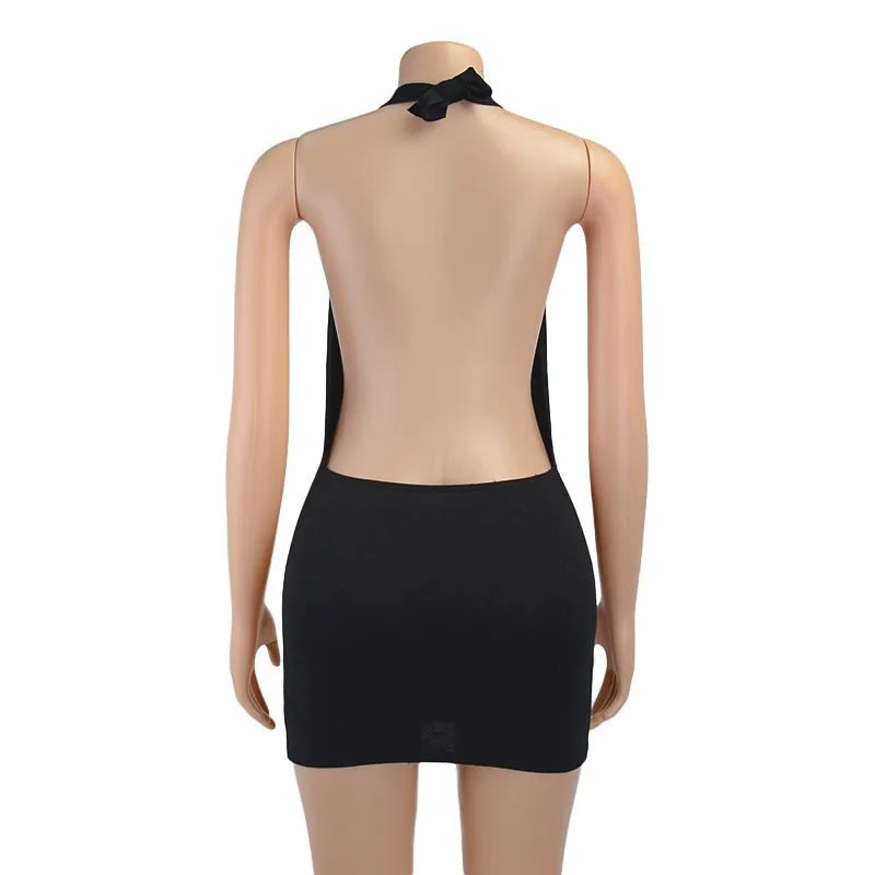Women Sleeveless Backless Mini Skirt Dress 2023 Y2K Summer Bodycon Hang Neck Elegant Sexy Outfits Ladies Party Club Sundress - Smarsty