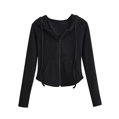 Lucyever Cropped Hooded Zip-Up Jacket Women Autumn New Slim Long Sleeve Y2K Sweatshirts Female Solid Streetwear Sports Hoodies - Smarsty