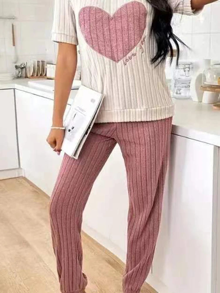 Women's new style pajamas set heart pattern short sleeve shirt trousers two-piece simple and lovely casual home wear - Smarsty