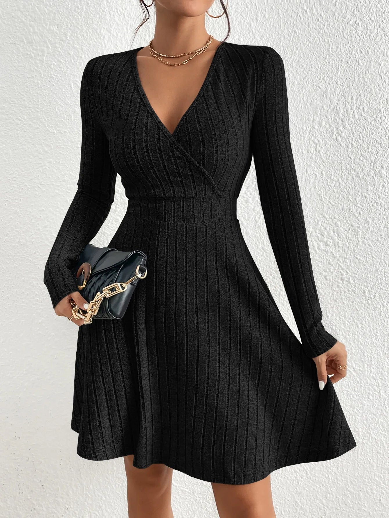 New for autumn/Winter 2024 Women Knit Slim Sexy Bodycon Dress V-Neck Long Sleeve Dress Solid Casual Midi Sweater Dress - Smarsty