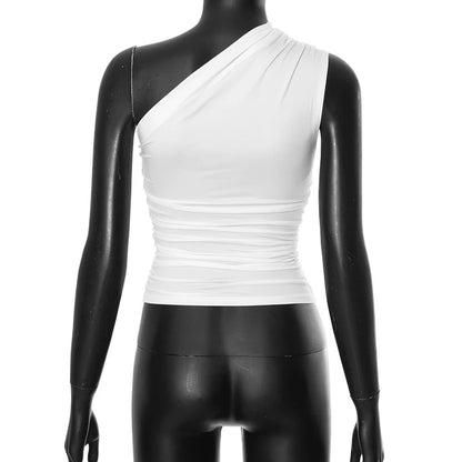 Solid Color One Shoulder Backless Shrink Tank Top T-Shirt Candy Color Tight Sexy Sleeveless Neckless Slim Casaul Top