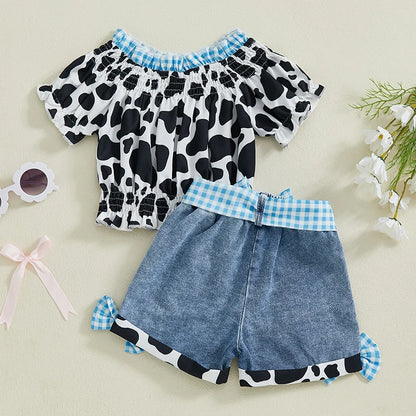 Girls Summer Outfit Leopard Print Sleeveless Top and Distressed Denim Shorts with Frayed Hem and Belt Set