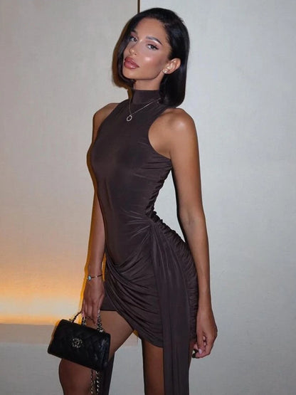 Mozision Turtleneck Sleeveless Sexy Mini Dress For Women Fashion Irregular Ruched Tank Dress Femme Elegant Club Party Dress - Smarsty