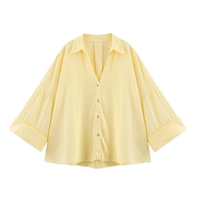 HipSeam Wide Sleeved Shirt Women Spring Asymmetric Hem Button Women's Shirts Simple Lady Johnny Collar Linen Shirts & Blouses - Smarsty