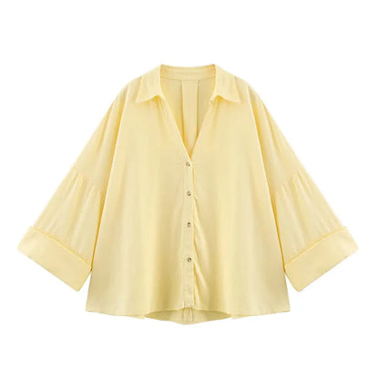 HipSeam Wide Sleeved Shirt Women Spring Asymmetric Hem Button Women's Shirts Simple Lady Johnny Collar Linen Shirts & Blouses - Smarsty