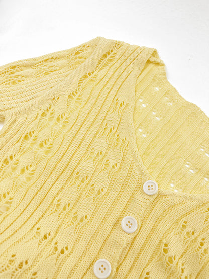 Tossy Knitwear Hollow Out Sweater Cardigan Women V-Neck Long Sleeve See-Through Cropped Top Summer Knit Patchwork Cardigan Top - Smarsty